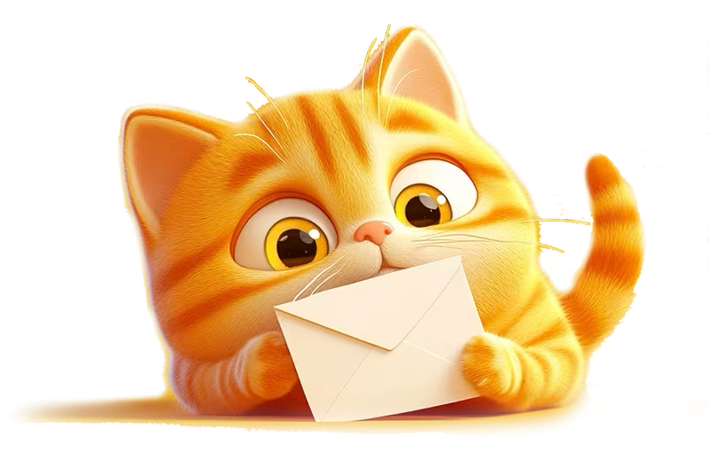Gato laranja segurando um envelope com novidades